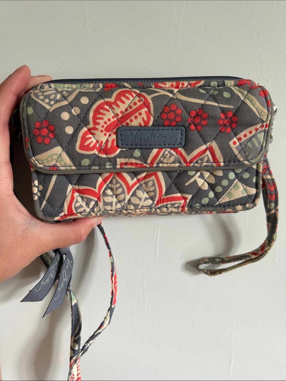 Vera Bradley Gray Quilted Floral Wristlet with Red Accents
